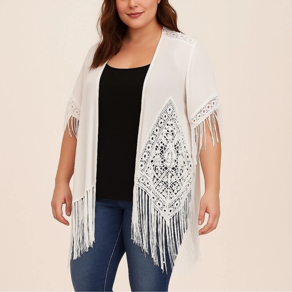 Torrid White Sheer Crochet Fringe Kimono Cardigan Plus Boho Festival Size 1/2